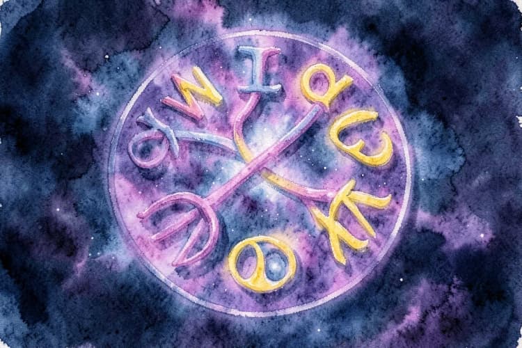 Dois signos do zodíaco, representados por símbolos abstratos e coloridos, se entrelaçando em um círculo cósmico, ilustrando a interconexão e a natureza das combinações astrológicas.