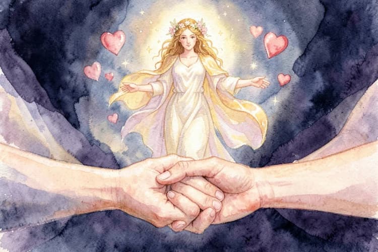 O planeta Vênus, representado como uma deusa brilhante, paira sobre um casal de mãos dadas, com corações flutuando ao redor, simbolizando a influência de Vênus no amor e nos relacionamentos.