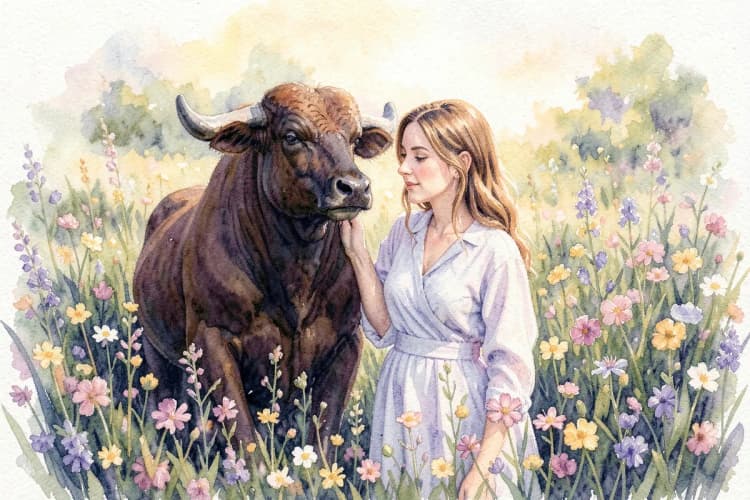 Um casal de signos de terra, Touro e Virgem, compartilhando um momento tranquilo em um campo de flores silvestres, simbolizando a compatibilidade e a harmonia em seu relacionamento.
