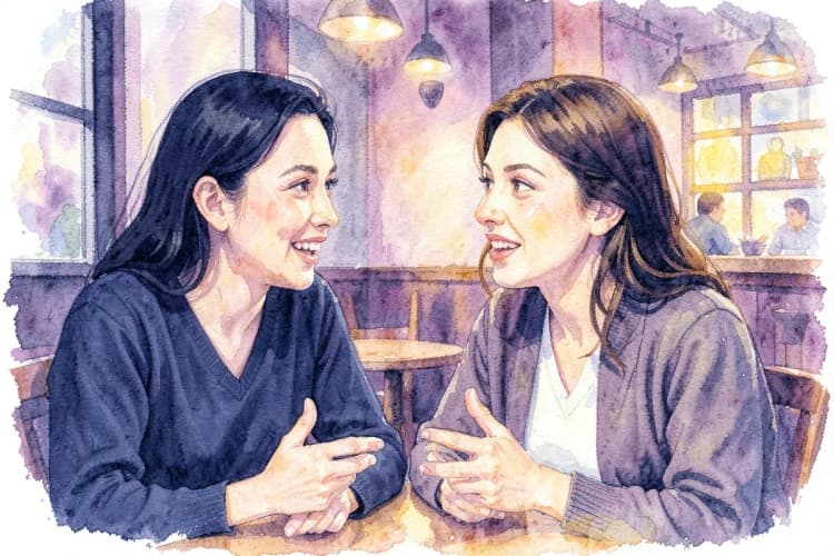 Um casal de signos de ar, Gêmeos e Libra, rindo e conversando animadamente em um café charmoso, com xícaras de café fumegantes na mesa, representando a afinidade intelectual e a comunicação em seu relacionamento.
