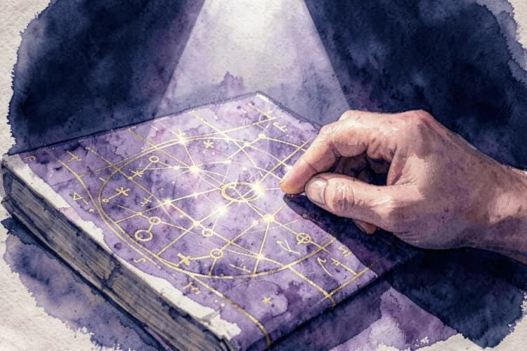 Uma pessoa olhando para um mapa astral antigo e detalhado, com vários símbolos e linhas conectando diferentes posições, ilustrando o processo de descobrir a compatibilidade entre signos.