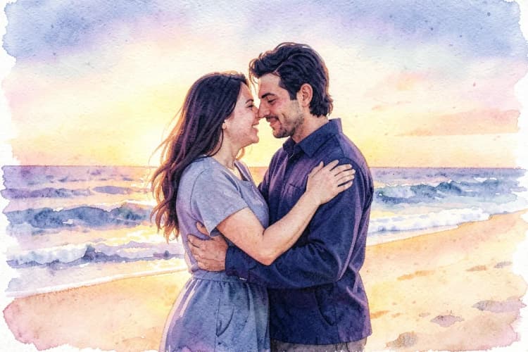 Um casal de signos de água, Câncer e Escorpião, compartilhando um abraço terno em uma praia ao pôr do sol, com ondas suaves ao fundo, simbolizando a profundidade emocional e a conexão em sua amizade e amor.