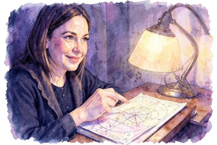 A astróloga Clarissa Cavalcanti, sorrindo gentilmente, aponta para um gráfico celestial em sua mesa, com livros de astrologia ao redor, oferecendo orientação e ajuda para entender as relações.