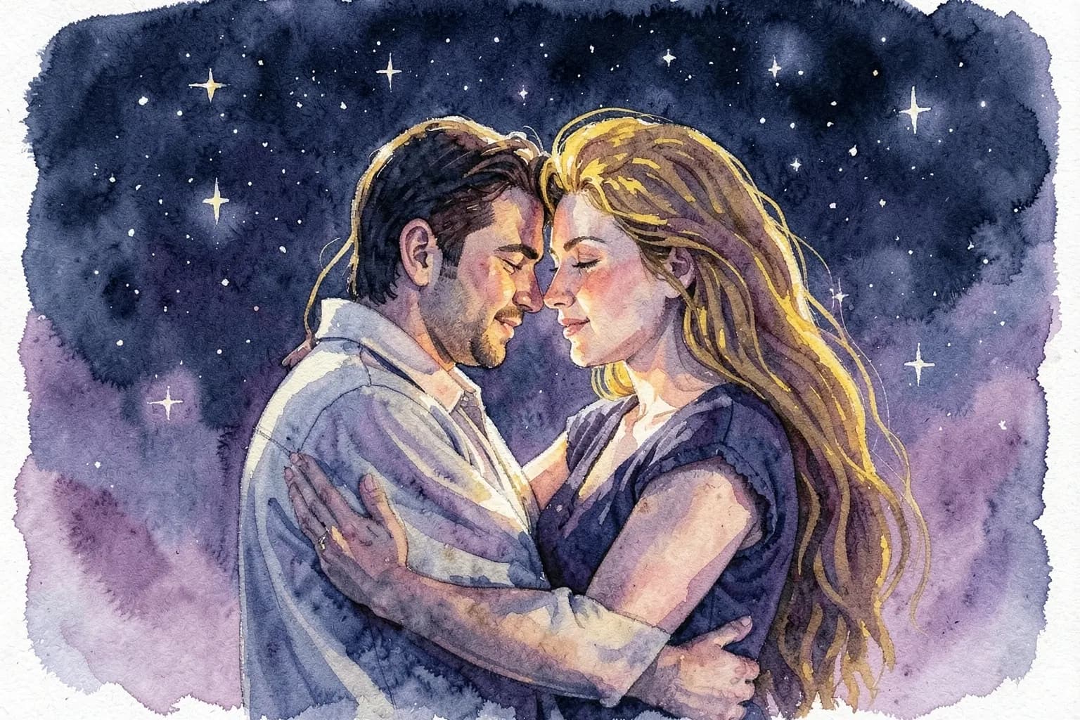 Um casal de signos de fogo, Áries e Leão, se abraçando com paixão sob um céu estrelado, simbolizando a forte conexão astrológica entre eles.