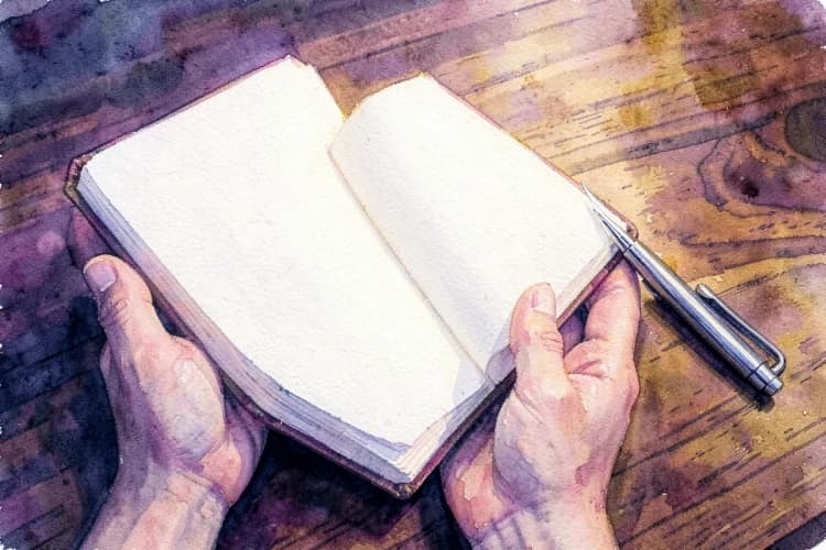Mãos segurando um diário aberto com uma caneta ao lado
