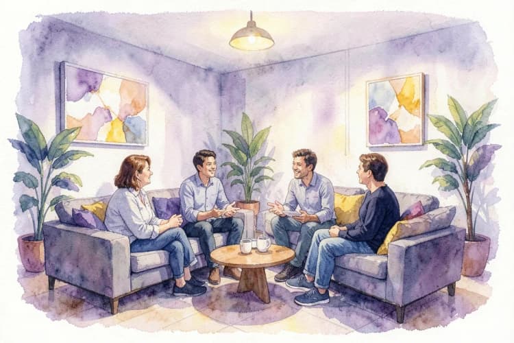 Grupo de pessoas sentadas em círculo conversando em uma sala confortável