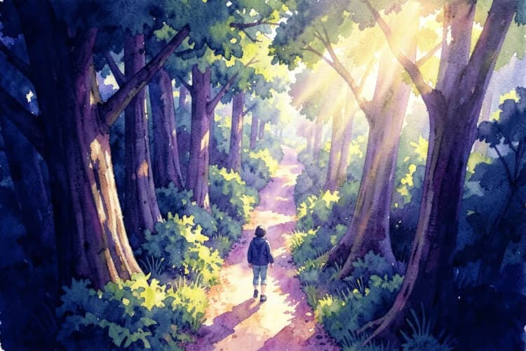 Pessoa caminhando em uma trilha na floresta com luz do sol filtrando pelas árvores