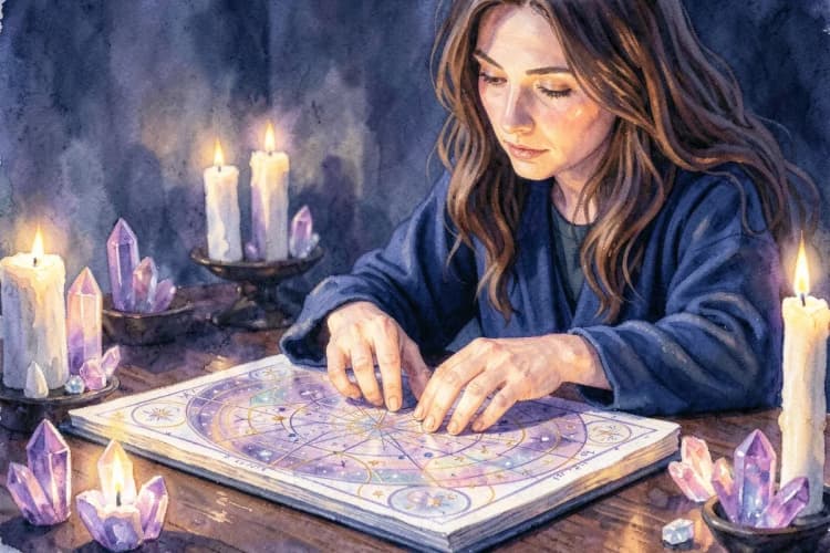 Mulher astróloga olhando para um mapa astral em uma mesa com cristais e velas