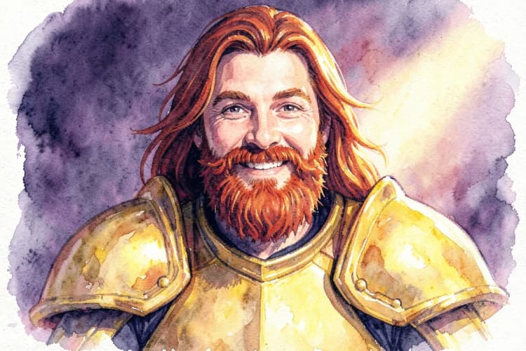 Um homem com barba ruiva e cabelo comprido, vestindo uma armadura dourada, sorrindo e olhando para a câmera.