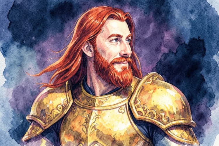 Um homem com barba ruiva e cabelo comprido, vestindo uma armadura dourada, em um plano médio, olhando para a direita com um leve sorriso.