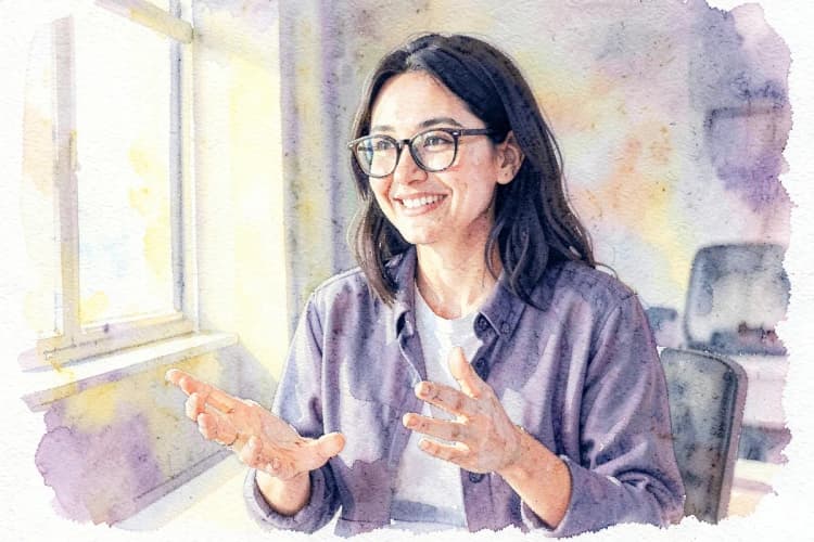 Uma mulher com cabelos escuros e óculos, sorrindo e gesticulando com as mãos, em um ambiente de escritório.