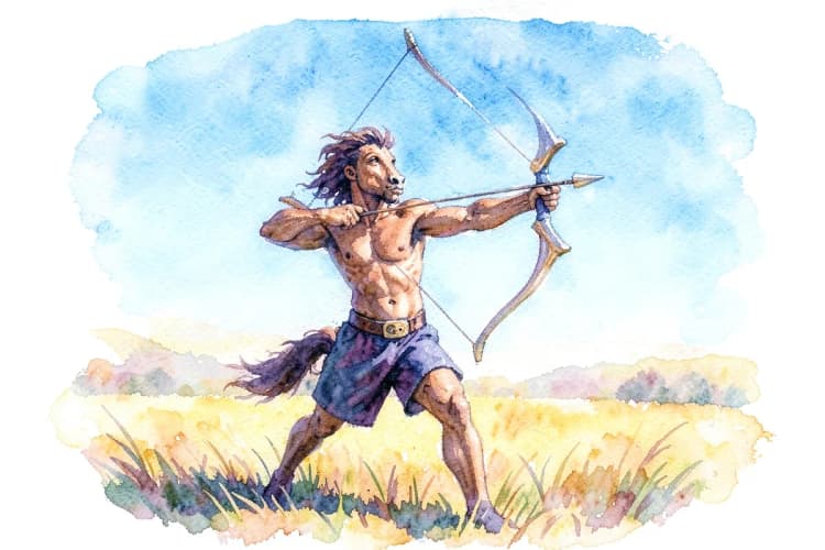 Um centauro disparando uma flecha para o alto, em um campo aberto sob um céu azul.