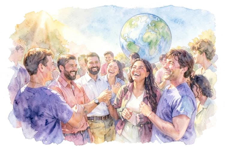Um grupo de pessoas diversas sorrindo e interagindo em um ambiente externo ensolarado, com um globo terrestre ao fundo.