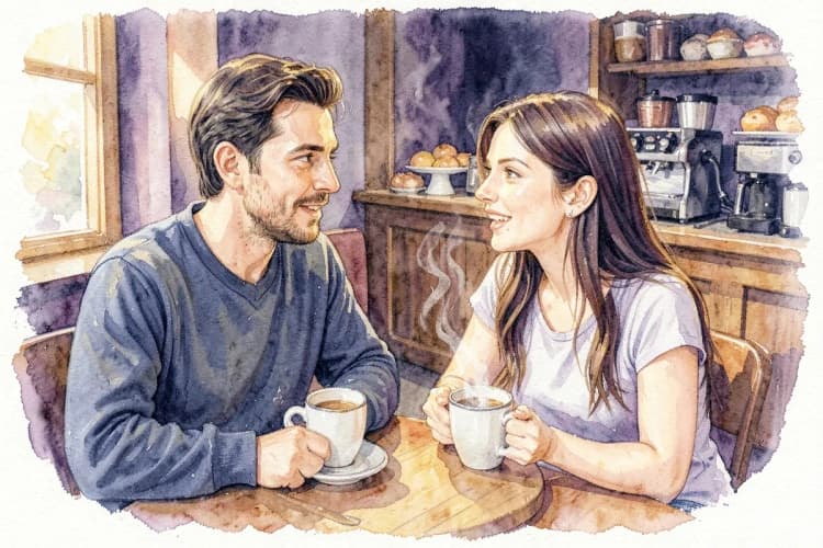 Um casal, um homem de Sagitário e uma mulher de Gêmeos, conversando animadamente em um café aconchegante.