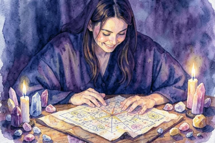 Uma astróloga sorridente analisando um mapa astral em uma mesa com cristais e velas.