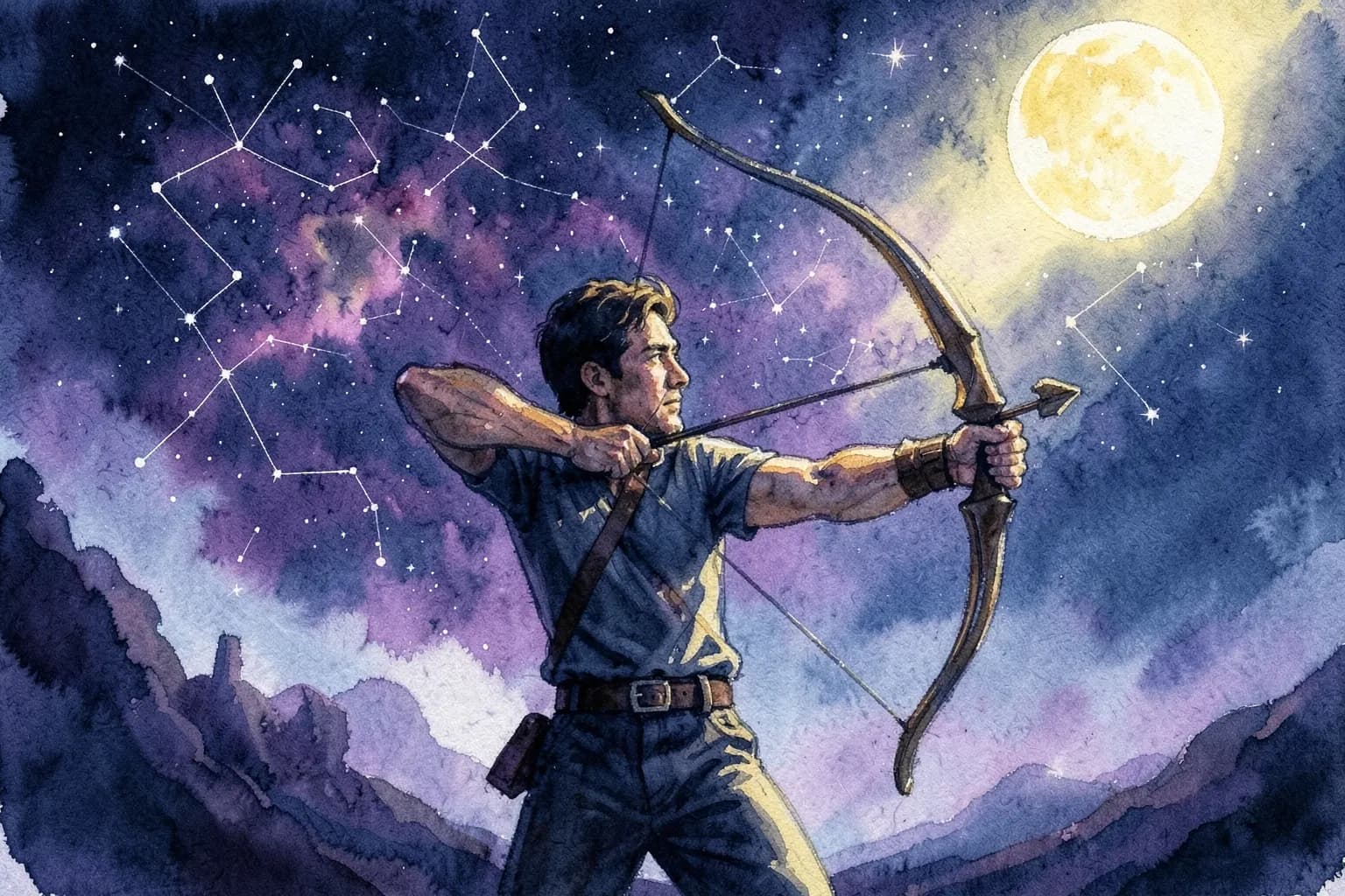 Um arqueiro com arco e flecha mirando o céu estrelado, em um fundo de constelações e nebulosas.