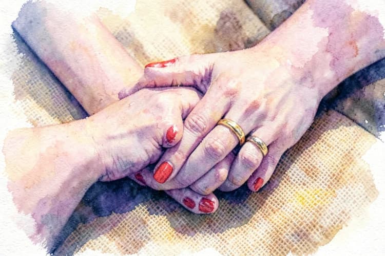 Um close-up de duas mãos entrelaçadas, uma com unhas pintadas de vermelho e a outra com um anel dourado, sobre um fundo de tecido texturizado em tons de bege e marrom. A luz natural, vinda de cima e da esquerda, destaca a textura e a união das mãos. O foco está nas mãos, com o fundo suavemente desfocado, capturando um momento íntimo e de conexão.
