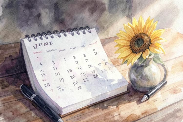 Um calendário aberto em uma página com o mês de junho visível, com os dias 1 a 30 marcados. Ao lado do calendário, há uma caneta preta e um pequeno vaso com um girassol. A luz do dia entra pela direita, iluminando a cena de forma clara e organizada. A imagem é um plano médio, mostrando a organização e a precisão das datas.