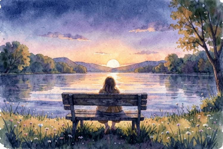 Uma pessoa sentada em um banco de parque, de costas para a câmera, olhando para um lago calmo ao entardecer. A luz dourada do pôr do sol reflete na água, criando uma atmosfera serena. A imagem é uma cena ampla, mostrando a imensidão da paisagem e a solidão contemplativa.