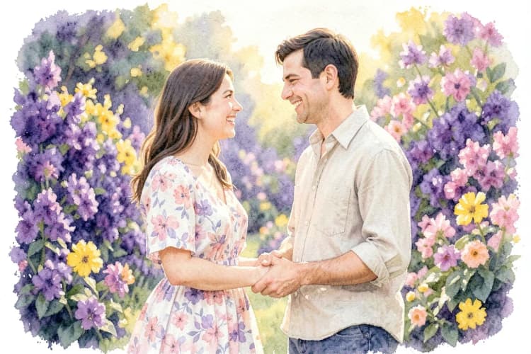 Um casal sorrindo um para o outro, de mãos dadas, em um ambiente externo com luz natural e suave. A mulher usa um vestido florido e o homem uma camisa de linho. O fundo é um jardim com flores coloridas levemente desfocado. A imagem é um plano médio, capturando um momento de cumplicidade e afeto.