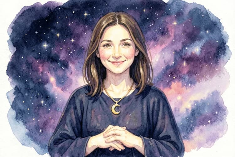Uma astróloga sorrindo gentilmente, com um fundo de céu estrelado e nebulosas coloridas. Ela está usando um colar com um pingente de lua e suas mãos estão levemente juntas em frente ao corpo. A luz suave e mística ilumina seu rosto, vindo de frente. A imagem é um plano médio, transmitindo sabedoria e acolhimento.