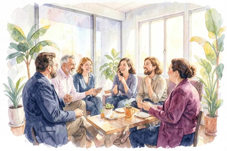 Um grupo de pessoas diversas sorrindo e conversando em um ambiente moderno e iluminado, com plantas em vasos ao redor.