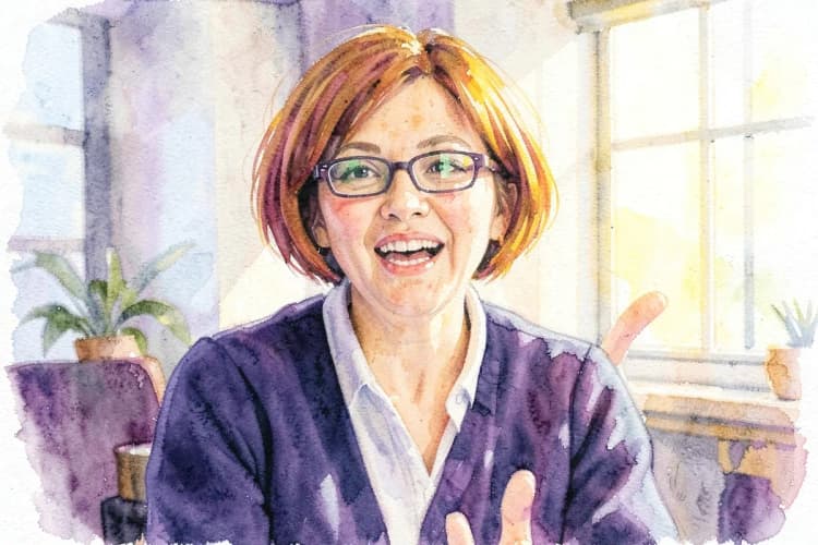 Uma mulher com cabelo curto e vibrante, usando óculos, gesticulando enquanto fala com entusiasmo em um ambiente de escritório com luz natural.