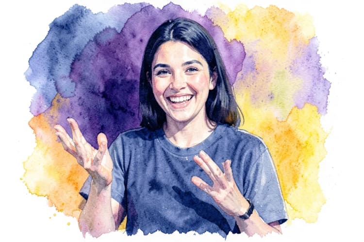 Uma pessoa sorrindo e gesticulando com as mãos, com um fundo de cores vibrantes e abstratas.