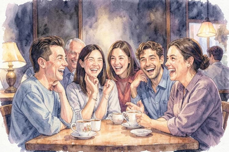 Um grupo de amigos rindo juntos em um café aconchegante, com xícaras de café na mesa.