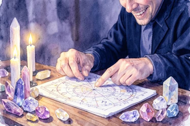 Uma astróloga sorrindo e apontando para um mapa astral em uma mesa com cristais e velas.