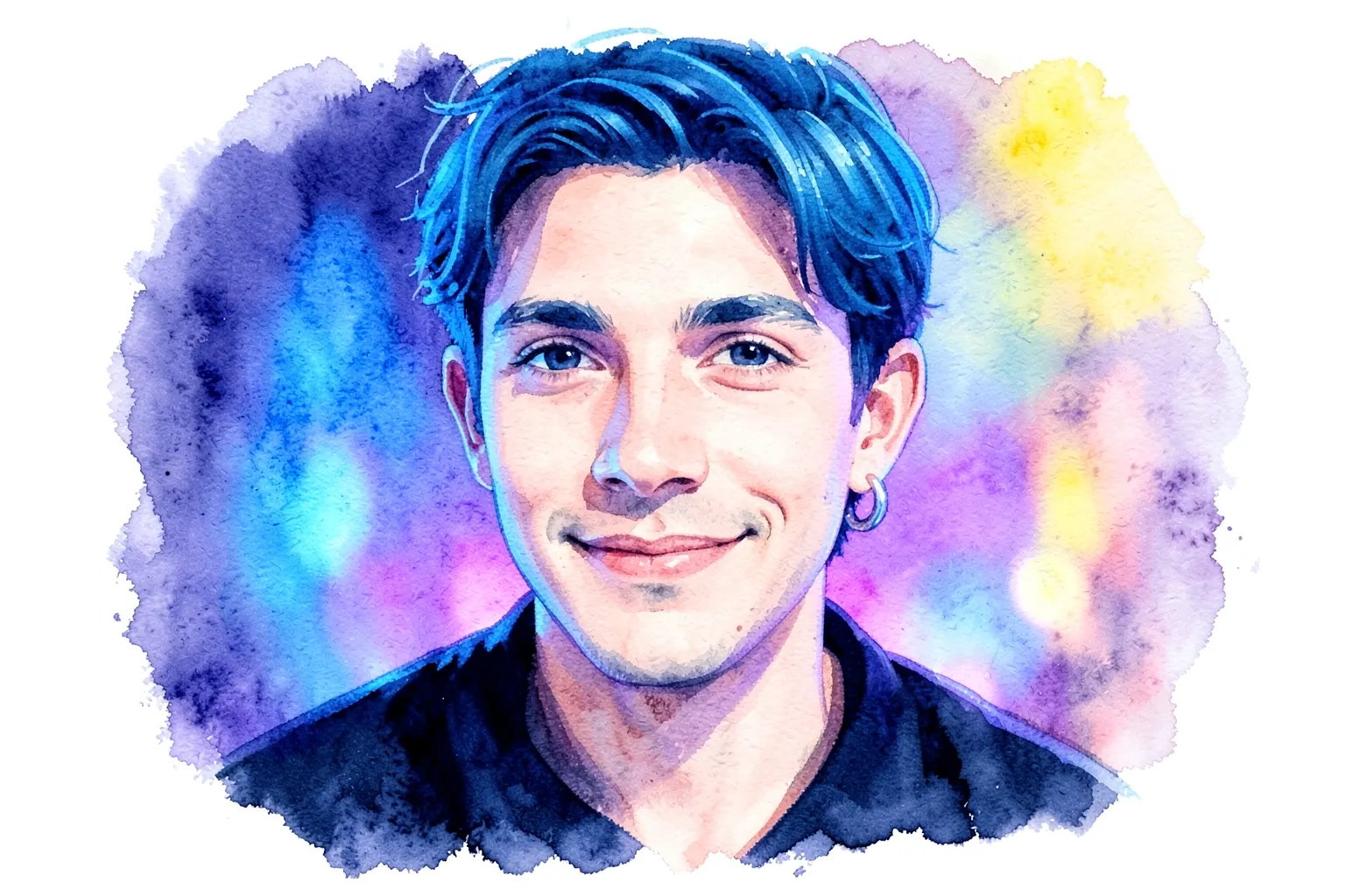 Um homem com cabelo azul e um brinco de argola, olhando para a câmera com um sorriso suave, com um fundo desfocado de luzes de neon azuis e roxas.