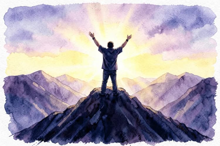 Ilustração de uma pessoa alcançando um pico ou objetivo, simbolizando os benefícios de entender ciclos e fases da vida.