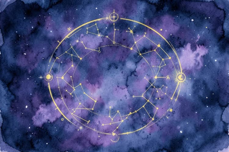 Representação visual da conexão entre ciclos de vida, fases da vida e elementos astrológicos como o zodíaco.