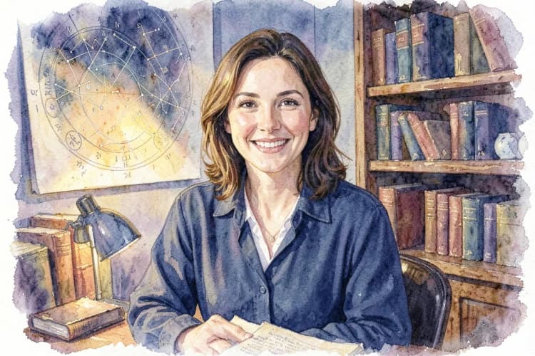 Foto de Clarissa Cavalcanti Astróloga em seu consultório, com um sorriso acolhedor.