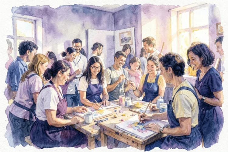 Um grupo diversificado de pessoas de diferentes idades e etnias reunidas, sorrindo e interagindo em um ambiente de workshop.
