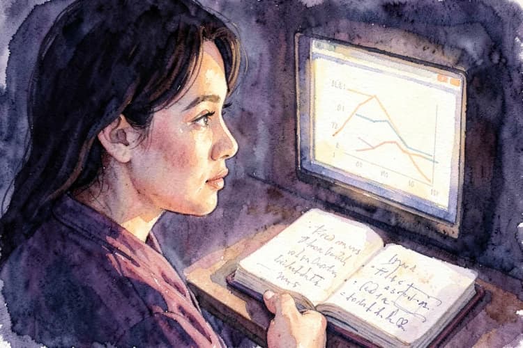 Uma pessoa pensativa olhando para um gráfico de crescimento em uma tela, com anotações em um caderno ao lado.