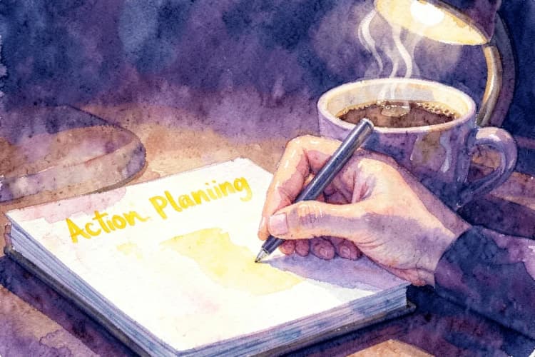Uma mão escrevendo em um caderno com a frase "Planejamento de Ações" em destaque, com uma xícara de café ao lado.