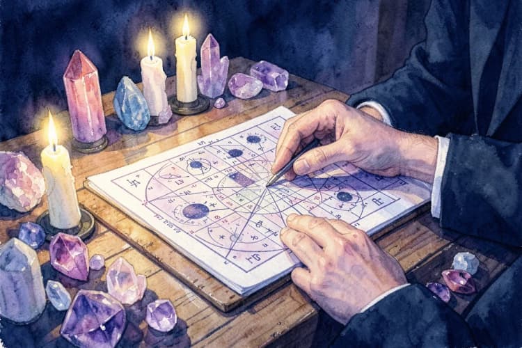 Um astrólogo consultando um mapa astral com símbolos e planetas, em uma mesa com cristais e velas.