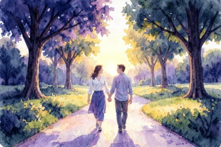 Um casal de mãos dadas caminhando em um parque ao pôr do sol, com árvores e um caminho sinuoso.