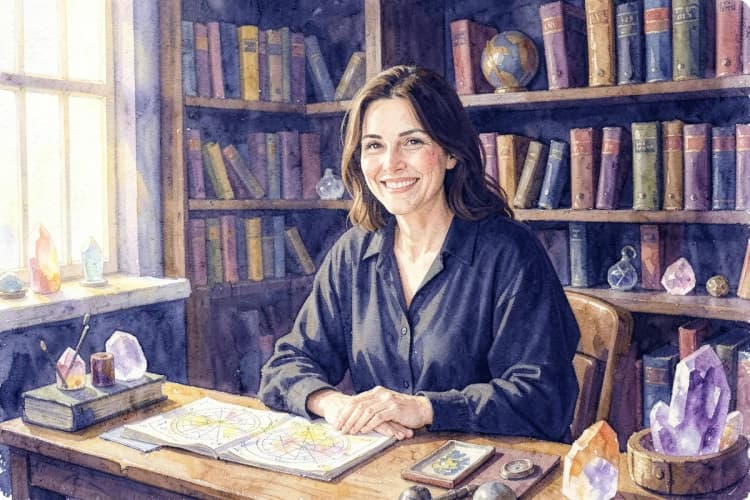 Uma astróloga sorridente em seu consultório, com um fundo de estantes de livros e objetos esotéricos.