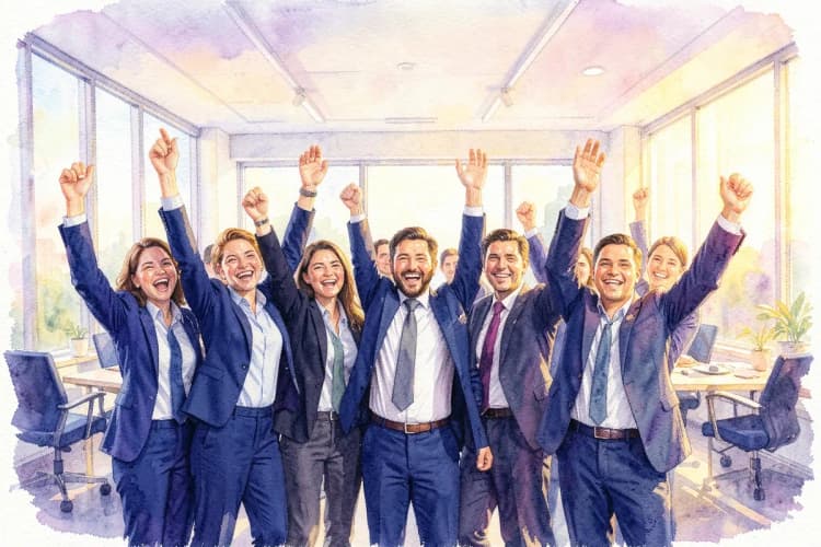 Grupo de pessoas celebrando um sucesso profissional em um escritório moderno