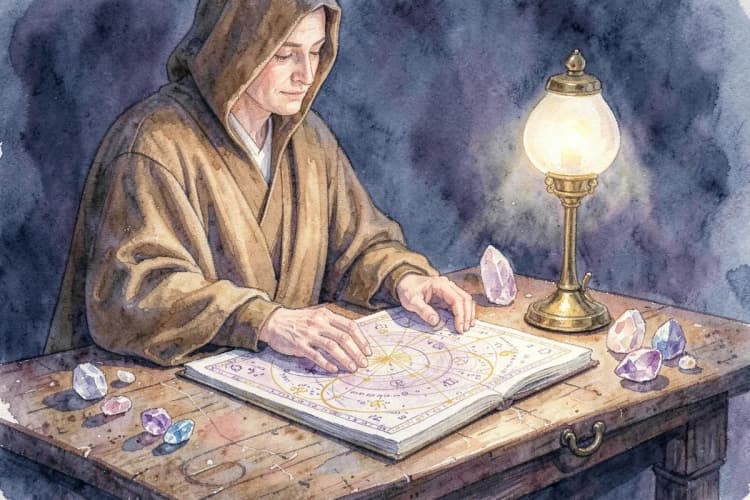 Mulher astróloga em seu consultório com um mapa astral na mesa