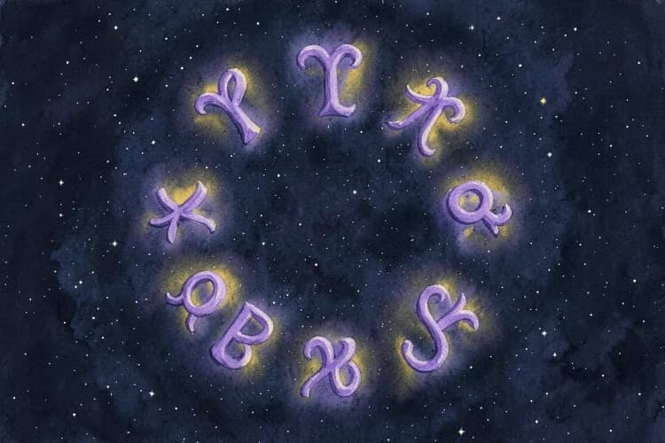 Doze símbolos de signos do zodíaco dispostos em um círculo sobre um fundo escuro e estrelado.