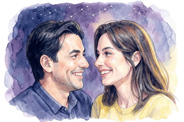 Um casal sorrindo um para o outro, com um brilho sutil de constelações sobreposto às suas cabeças.