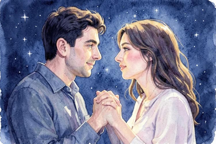Um homem e uma mulher de mãos dadas, olhando um para o outro com carinho, com um fundo de céu noturno com estrelas.