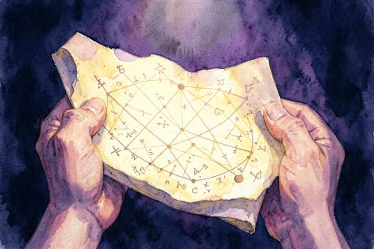 Uma pessoa segurando um mapa astral antigo com símbolos e linhas.