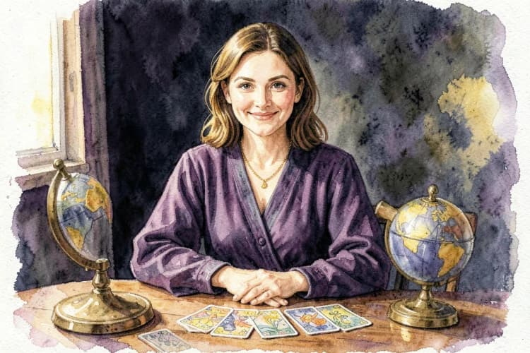 Uma astróloga sorrindo, com um globo celestial e cartas de tarot em uma mesa.