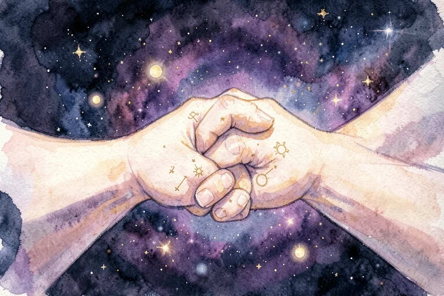 Um casal de mãos dadas com um fundo de constelações e planetas, simbolizando a união astrológica.