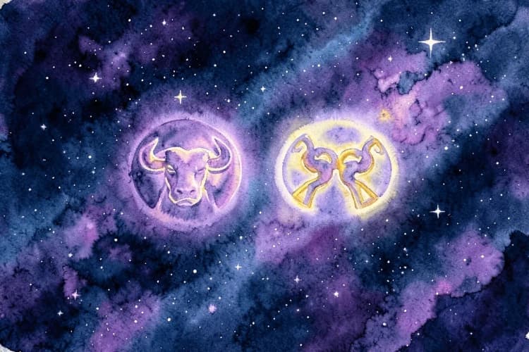 Um gráfico de compatibilidade astrológica com os símbolos de Touro e Gêmeos em destaque, em um fundo de estrelas.