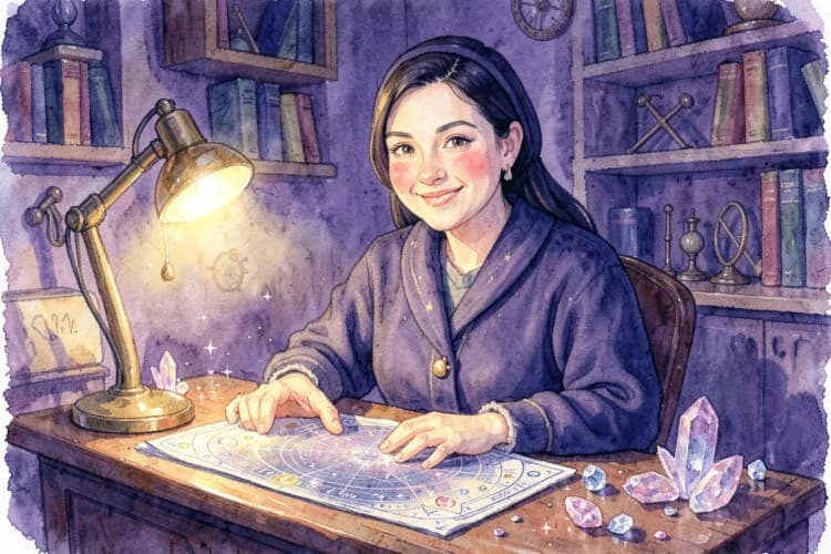 Uma astróloga sorrindo, com um mapa astral e cristais em uma mesa, em um consultório aconchegante.